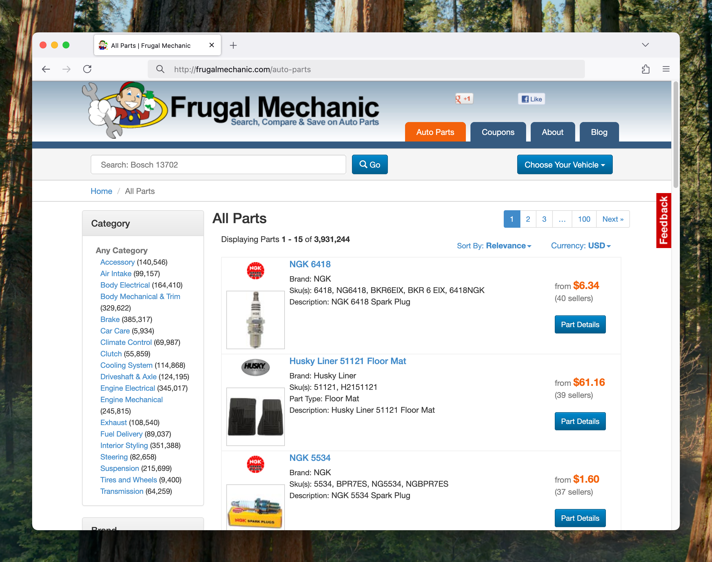 Frugal Mechanic Search Results Page Screenshot